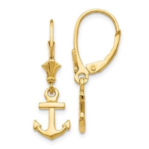 14k Yellow Gold Nautical Mini Anchor Leverback Dangle Drop Earrings